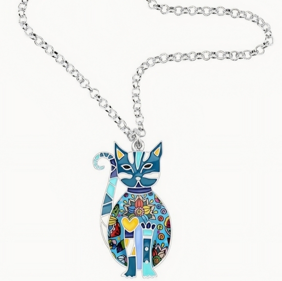 Floral Cat Necklace Enamel Kitten Pendant on Alloy Chain Jewelry for Cat Lovers - Picture 10 of 11